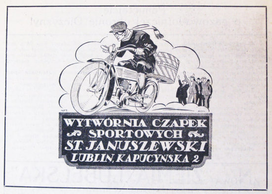 Reklamy wytwórni czapek Stanisława Januszewskiego przy ul. Kapucyńskiej 2 publikowane w „Lubelskim Tygodniku Sportowym” w 1924 r., fot. Ewa Zielińska